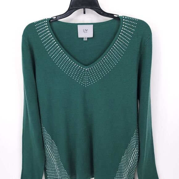 Liv Milano Sweater Womens Medium Rhinestone V Neck Pullover Stretch Top Soft - Picture 6 of 9